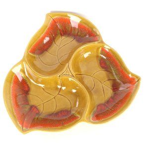 Vintage MCM Santa Anita Ware Orange Drip Glaze Leaf Shaped Divided Dish R153